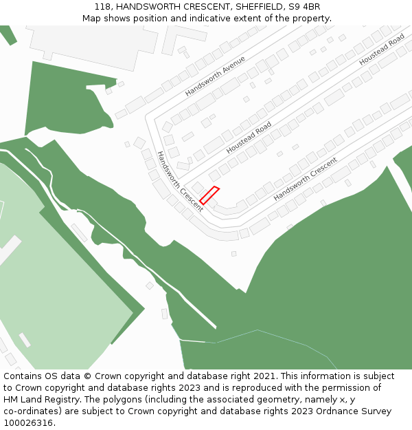 118, HANDSWORTH CRESCENT, SHEFFIELD, S9 4BR: Location map and indicative extent of plot