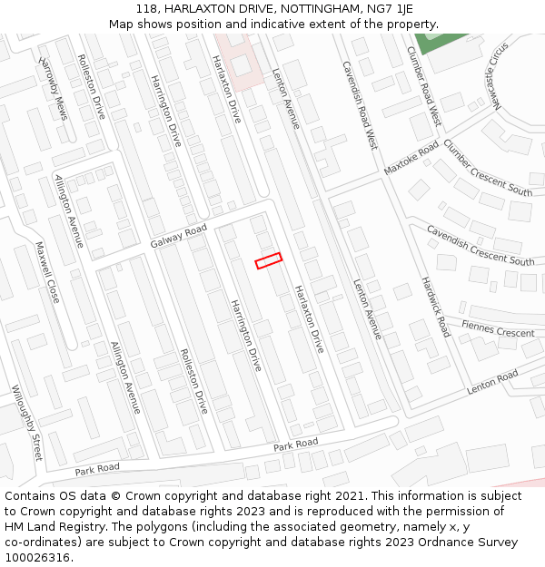 118, HARLAXTON DRIVE, NOTTINGHAM, NG7 1JE: Location map and indicative extent of plot