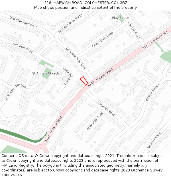 118, HARWICH ROAD, COLCHESTER, CO4 3BZ: Location map and indicative extent of plot