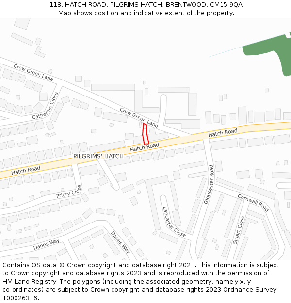 118, HATCH ROAD, PILGRIMS HATCH, BRENTWOOD, CM15 9QA: Location map and indicative extent of plot