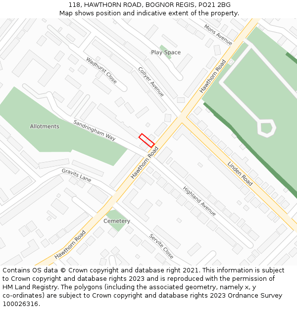 118, HAWTHORN ROAD, BOGNOR REGIS, PO21 2BG: Location map and indicative extent of plot