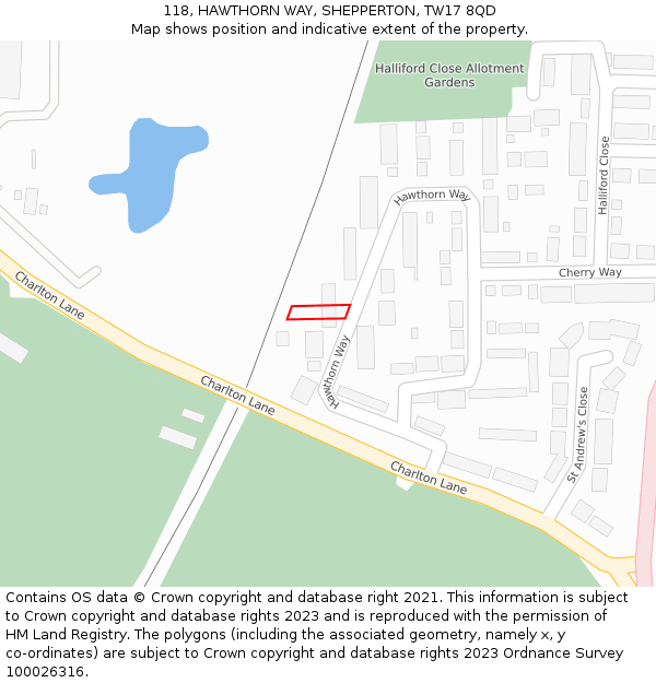118, HAWTHORN WAY, SHEPPERTON, TW17 8QD: Location map and indicative extent of plot