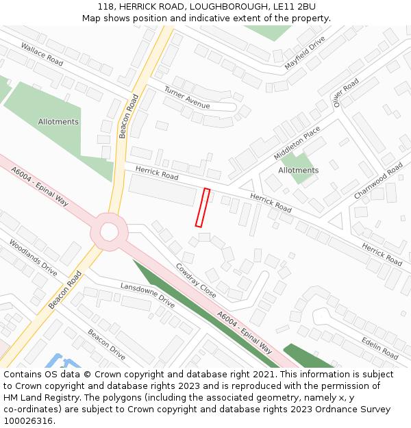 118, HERRICK ROAD, LOUGHBOROUGH, LE11 2BU: Location map and indicative extent of plot