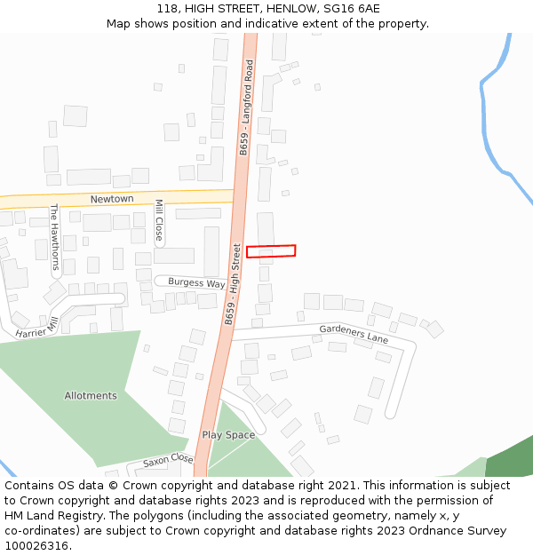 118, HIGH STREET, HENLOW, SG16 6AE: Location map and indicative extent of plot