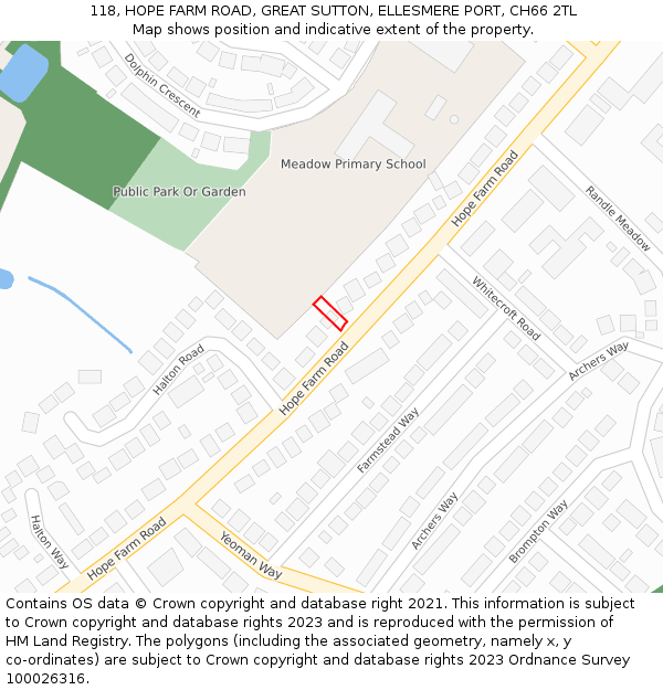 118, HOPE FARM ROAD, GREAT SUTTON, ELLESMERE PORT, CH66 2TL: Location map and indicative extent of plot