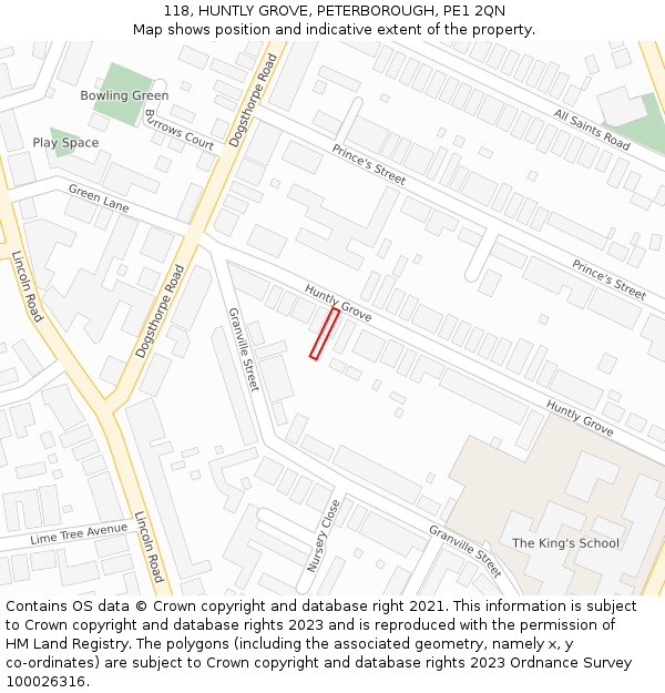 118, HUNTLY GROVE, PETERBOROUGH, PE1 2QN: Location map and indicative extent of plot