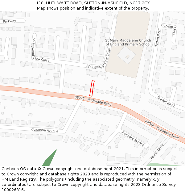 118, HUTHWAITE ROAD, SUTTON-IN-ASHFIELD, NG17 2GX: Location map and indicative extent of plot