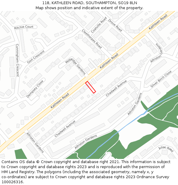 118, KATHLEEN ROAD, SOUTHAMPTON, SO19 8LN: Location map and indicative extent of plot