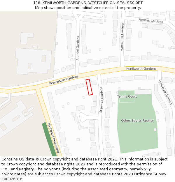 118, KENILWORTH GARDENS, WESTCLIFF-ON-SEA, SS0 0BT: Location map and indicative extent of plot