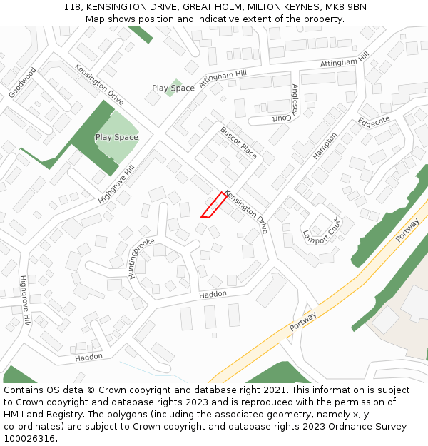 118, KENSINGTON DRIVE, GREAT HOLM, MILTON KEYNES, MK8 9BN: Location map and indicative extent of plot