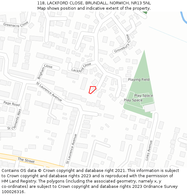 118, LACKFORD CLOSE, BRUNDALL, NORWICH, NR13 5NL: Location map and indicative extent of plot