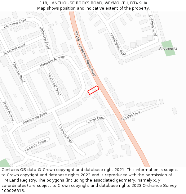 118, LANEHOUSE ROCKS ROAD, WEYMOUTH, DT4 9HX: Location map and indicative extent of plot