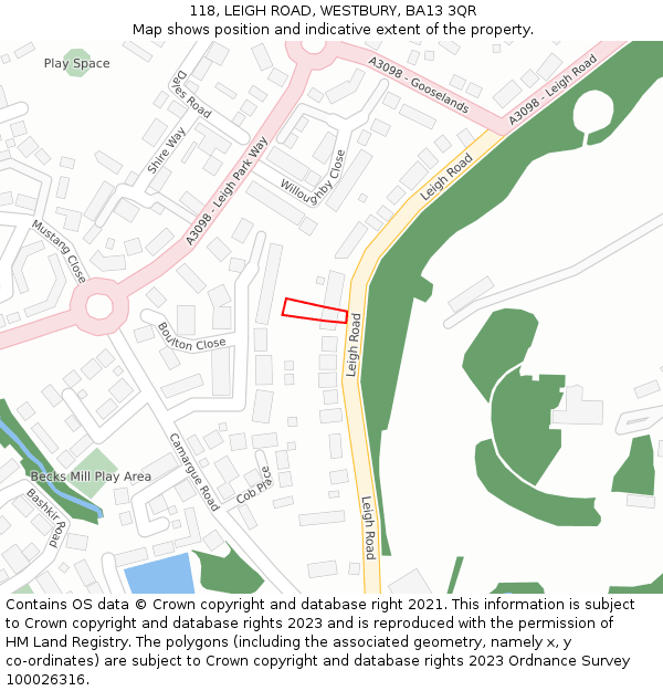 118, LEIGH ROAD, WESTBURY, BA13 3QR: Location map and indicative extent of plot