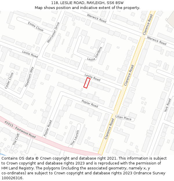 118, LESLIE ROAD, RAYLEIGH, SS6 8SW: Location map and indicative extent of plot
