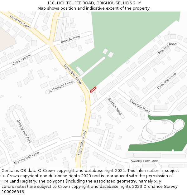 118, LIGHTCLIFFE ROAD, BRIGHOUSE, HD6 2HY: Location map and indicative extent of plot