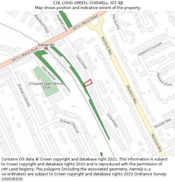 118, LONG GREEN, CHIGWELL, IG7 4JE: Location map and indicative extent of plot
