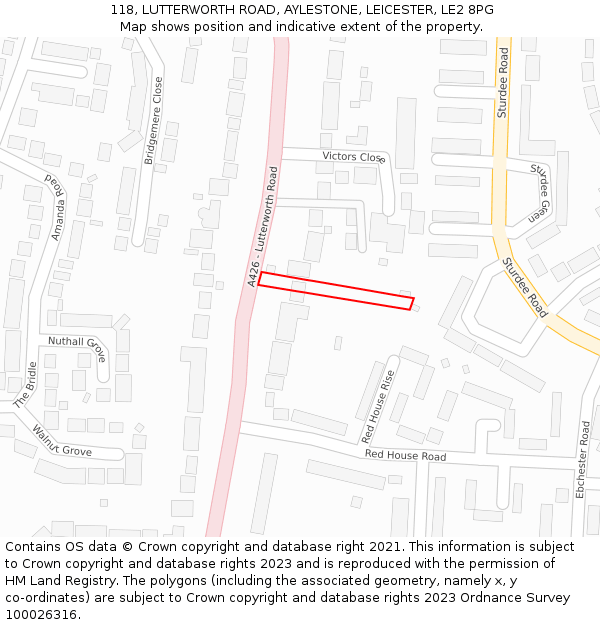 118, LUTTERWORTH ROAD, AYLESTONE, LEICESTER, LE2 8PG: Location map and indicative extent of plot