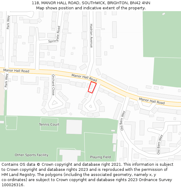 118, MANOR HALL ROAD, SOUTHWICK, BRIGHTON, BN42 4NN: Location map and indicative extent of plot