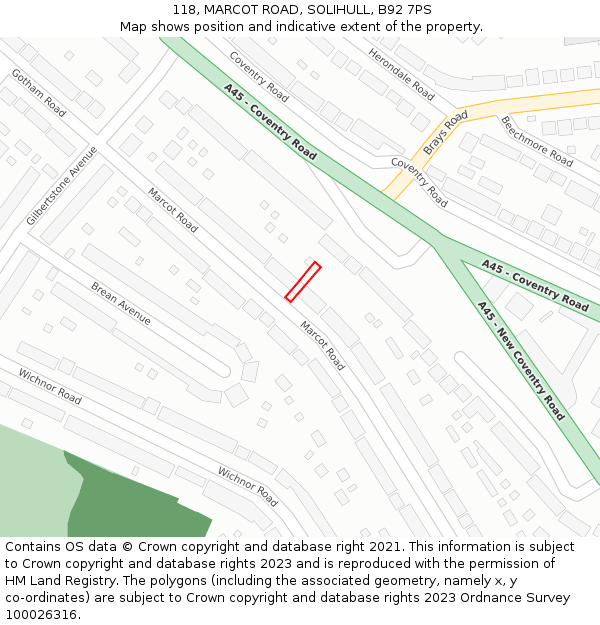 118, MARCOT ROAD, SOLIHULL, B92 7PS: Location map and indicative extent of plot