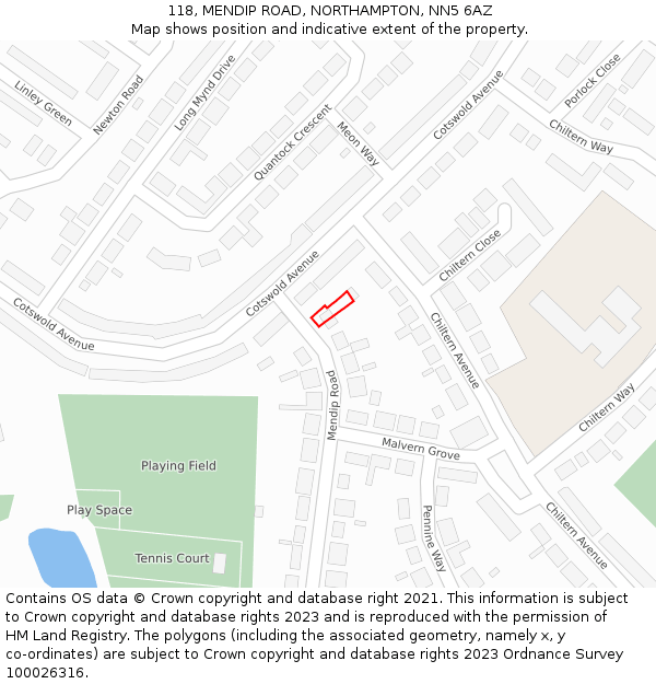 118, MENDIP ROAD, NORTHAMPTON, NN5 6AZ: Location map and indicative extent of plot