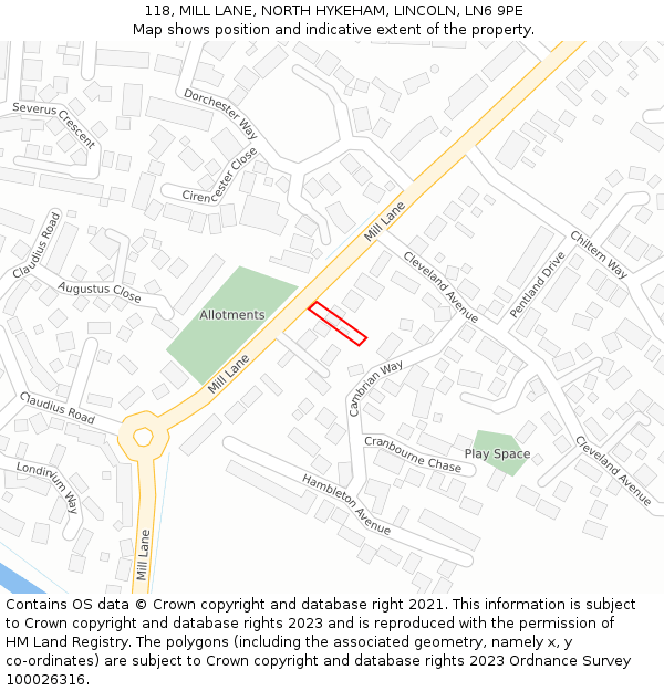 118, MILL LANE, NORTH HYKEHAM, LINCOLN, LN6 9PE: Location map and indicative extent of plot