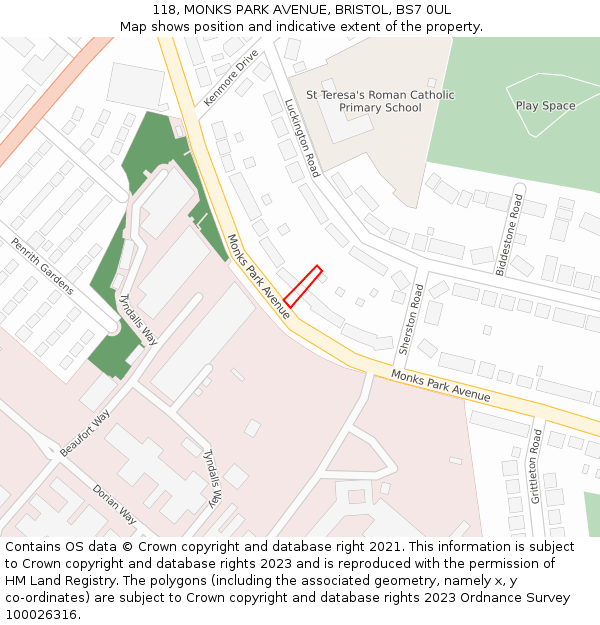 118, MONKS PARK AVENUE, BRISTOL, BS7 0UL: Location map and indicative extent of plot
