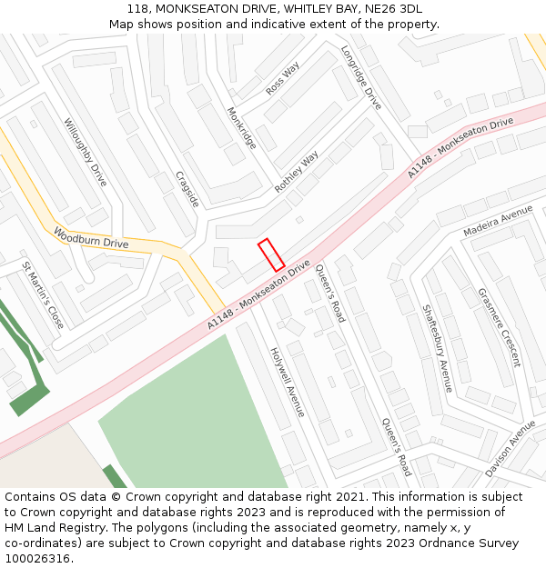 118, MONKSEATON DRIVE, WHITLEY BAY, NE26 3DL: Location map and indicative extent of plot