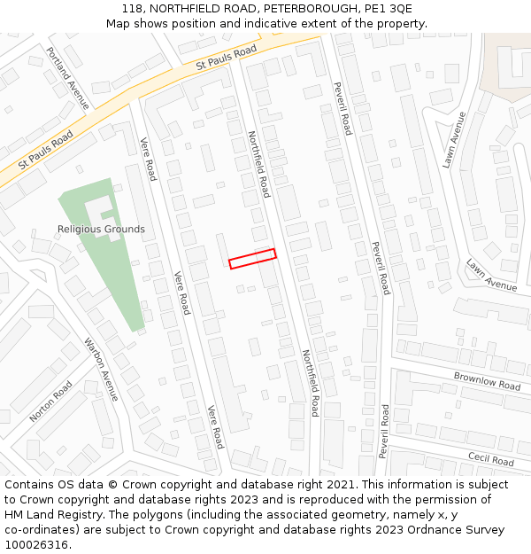 118, NORTHFIELD ROAD, PETERBOROUGH, PE1 3QE: Location map and indicative extent of plot