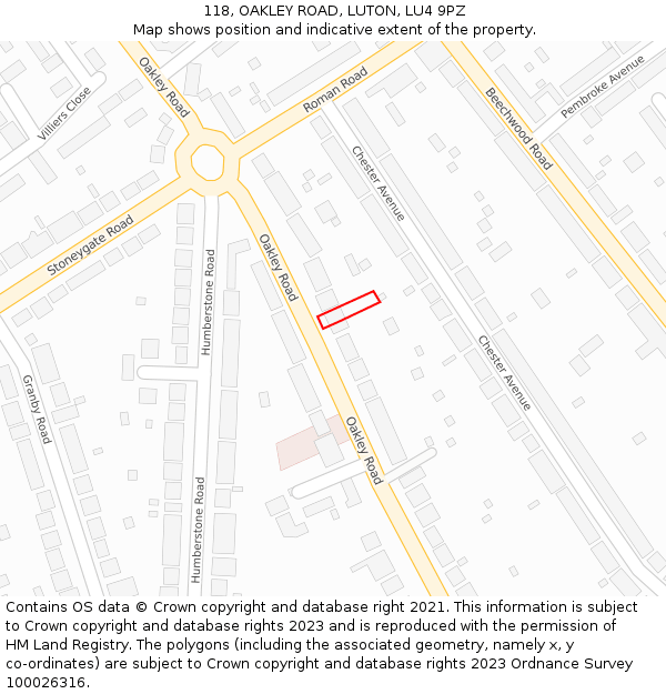 118, OAKLEY ROAD, LUTON, LU4 9PZ: Location map and indicative extent of plot