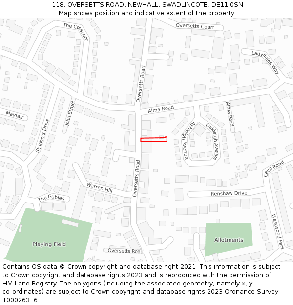 118, OVERSETTS ROAD, NEWHALL, SWADLINCOTE, DE11 0SN: Location map and indicative extent of plot
