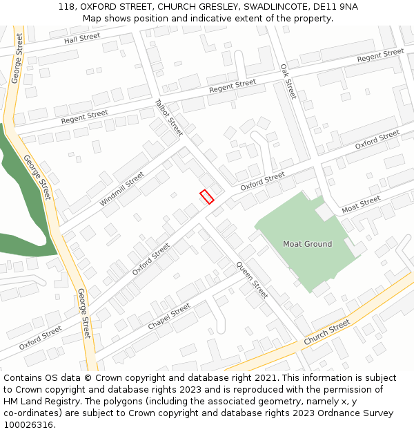 118, OXFORD STREET, CHURCH GRESLEY, SWADLINCOTE, DE11 9NA: Location map and indicative extent of plot