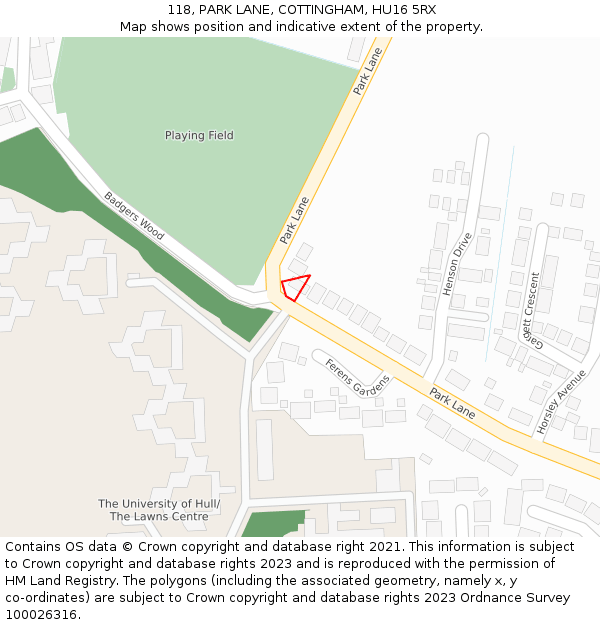 118, PARK LANE, COTTINGHAM, HU16 5RX: Location map and indicative extent of plot