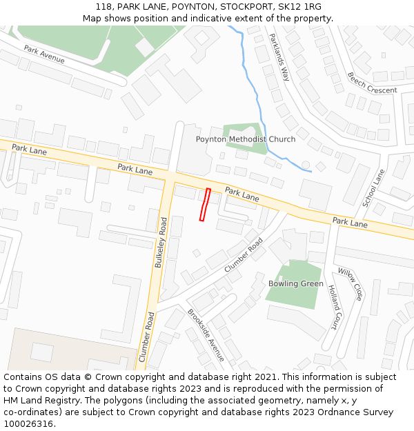 118, PARK LANE, POYNTON, STOCKPORT, SK12 1RG: Location map and indicative extent of plot