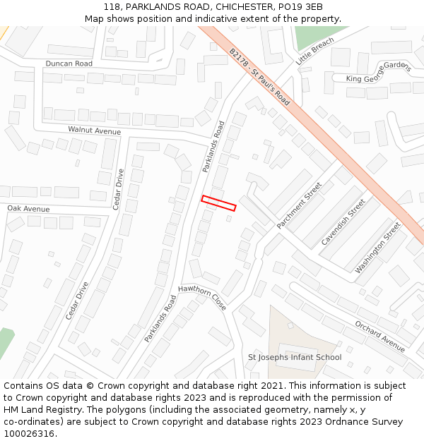 118, PARKLANDS ROAD, CHICHESTER, PO19 3EB: Location map and indicative extent of plot