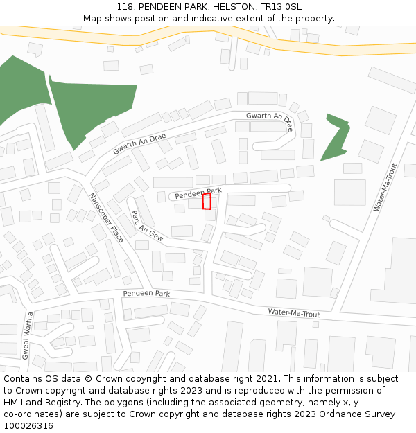 118, PENDEEN PARK, HELSTON, TR13 0SL: Location map and indicative extent of plot