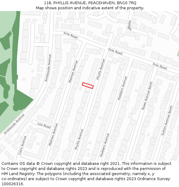 118, PHYLLIS AVENUE, PEACEHAVEN, BN10 7RQ: Location map and indicative extent of plot