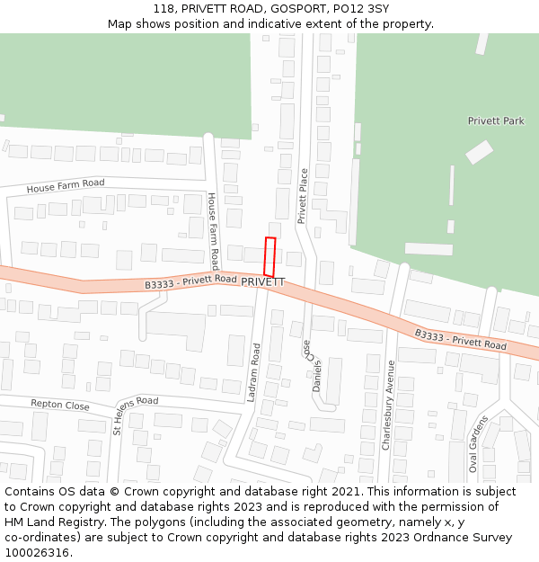 118, PRIVETT ROAD, GOSPORT, PO12 3SY: Location map and indicative extent of plot