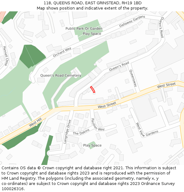 118, QUEENS ROAD, EAST GRINSTEAD, RH19 1BD: Location map and indicative extent of plot