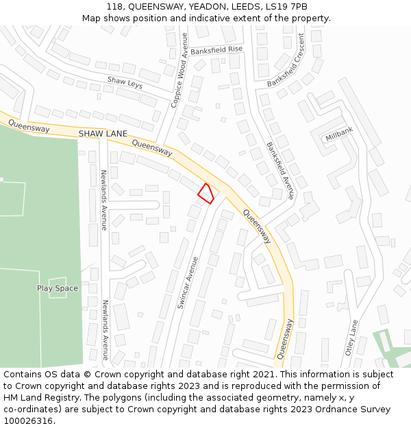 118, QUEENSWAY, YEADON, LEEDS, LS19 7PB: Location map and indicative extent of plot