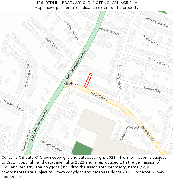 118, REDHILL ROAD, ARNOLD, NOTTINGHAM, NG5 8HA: Location map and indicative extent of plot