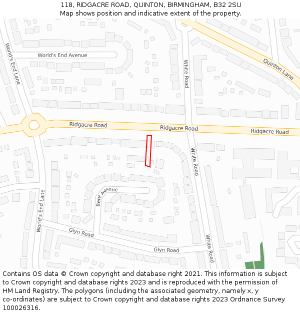 118, RIDGACRE ROAD, QUINTON, BIRMINGHAM, B32 2SU: Location map and indicative extent of plot