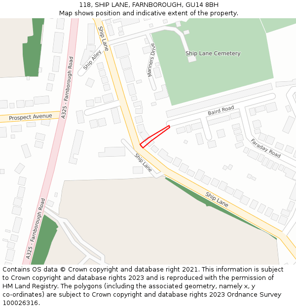 118, SHIP LANE, FARNBOROUGH, GU14 8BH: Location map and indicative extent of plot