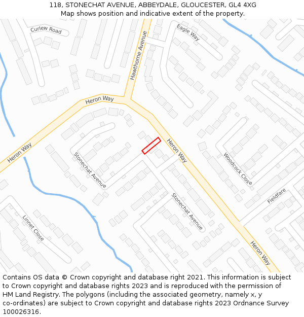118, STONECHAT AVENUE, ABBEYDALE, GLOUCESTER, GL4 4XG: Location map and indicative extent of plot