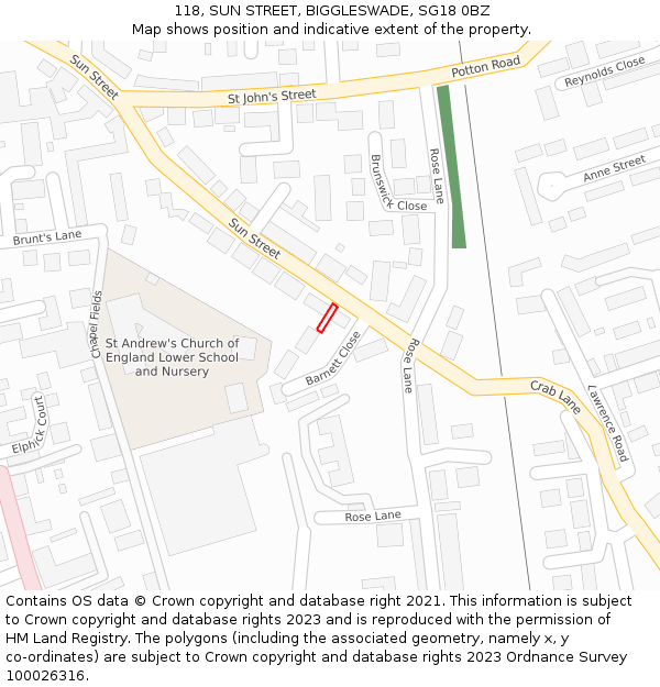 118, SUN STREET, BIGGLESWADE, SG18 0BZ: Location map and indicative extent of plot