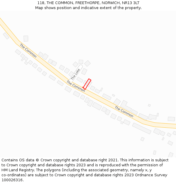 118, THE COMMON, FREETHORPE, NORWICH, NR13 3LT: Location map and indicative extent of plot