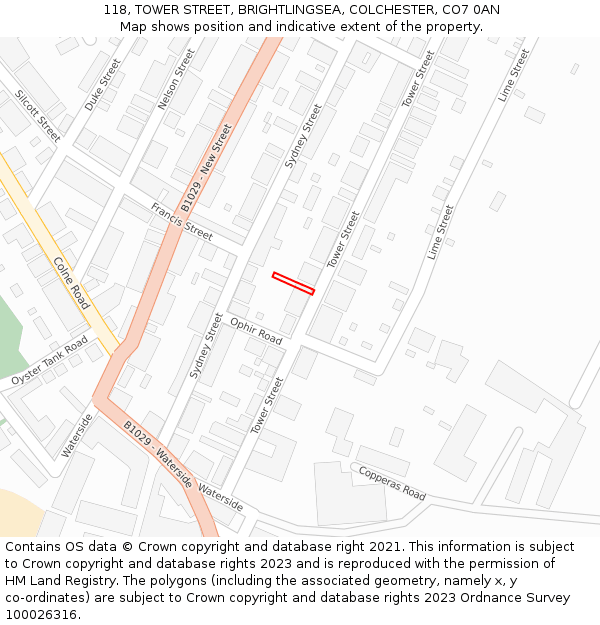 118, TOWER STREET, BRIGHTLINGSEA, COLCHESTER, CO7 0AN: Location map and indicative extent of plot