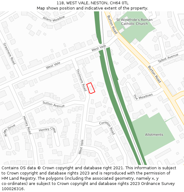118, WEST VALE, NESTON, CH64 0TL: Location map and indicative extent of plot