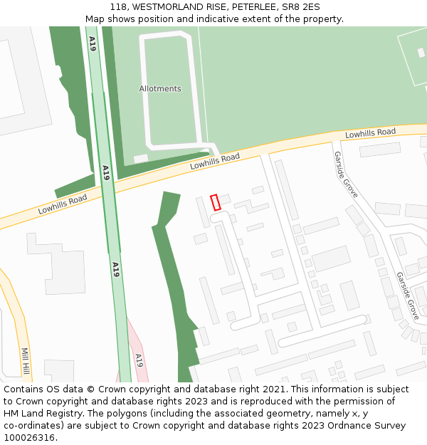 118, WESTMORLAND RISE, PETERLEE, SR8 2ES: Location map and indicative extent of plot