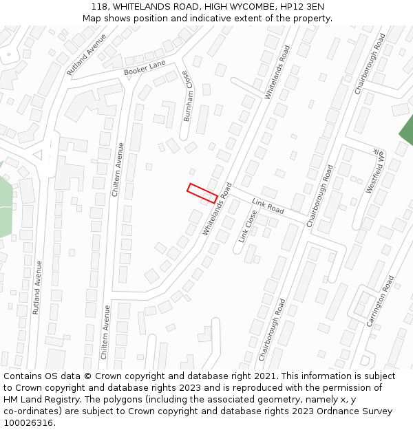 118, WHITELANDS ROAD, HIGH WYCOMBE, HP12 3EN: Location map and indicative extent of plot