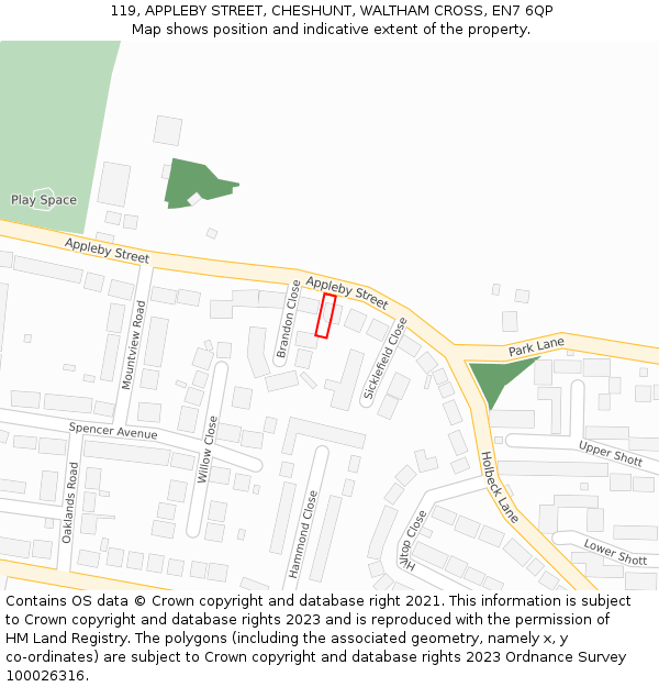 119, APPLEBY STREET, CHESHUNT, WALTHAM CROSS, EN7 6QP: Location map and indicative extent of plot